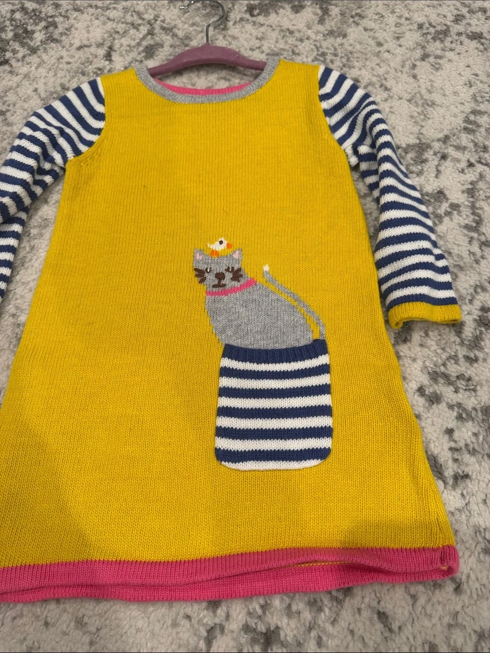 Baby Biden Girls' Yellow Knit Dress Top with Striped Sleeves and Cat Pocket